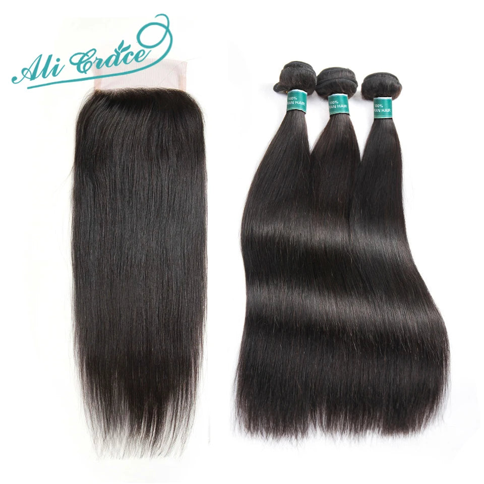 Ali Grace Straight Hair Bundles With Closure 4x4 Closure With Bundle Brazilian Human Hair Weave With Transparent Lace Closure
