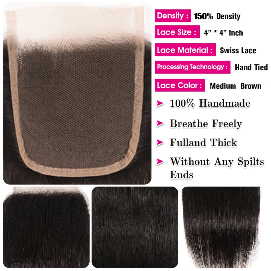 UNice Hair Peruvian Straight Hair Lace Closure Free& Middle Part 4x4 Remy Human Hair Closure  5x5 HD Lace Closure 1PC