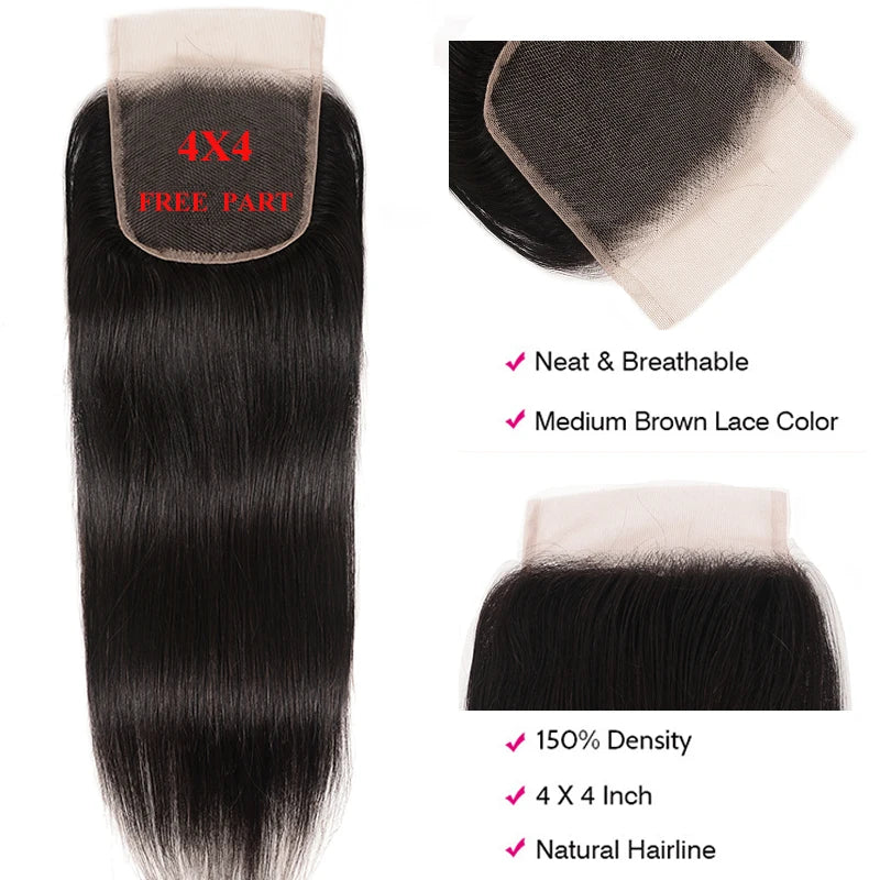 UNice Hair Peruvian Straight Hair Lace Closure Free& Middle Part 4x4 Remy Human Hair Closure  5x5 HD Lace Closure 1PC