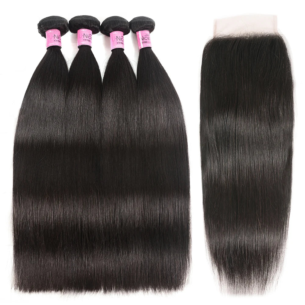 UNice Hair 5X5 HD Lace Closure 28 30 Inch With Peruvian Straight Hair 3 Bundles 4PCS 4x4 Swiss Lace Human Hair Weave Remy Hair