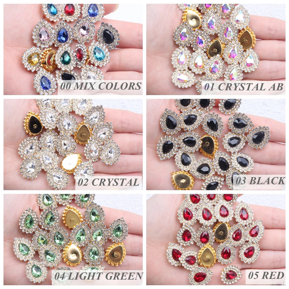 Hot Sale Flatback Claw Glass Rhinestones 7x10mm 200pcs Sew on Tear Shiny Crystals Gold Base for Bags & Clothes