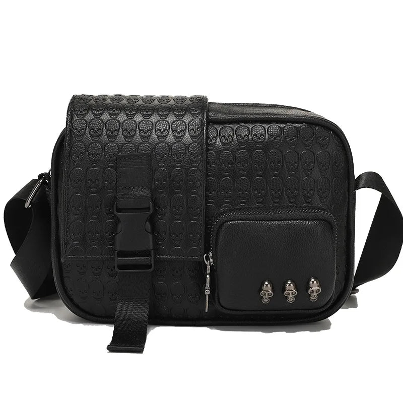 Rock Style Men's Crossbody Bags Square Satchels  Fashion Men Shoulder Messenger Bag Ghost Head Embossed Leather Crossbody Bag