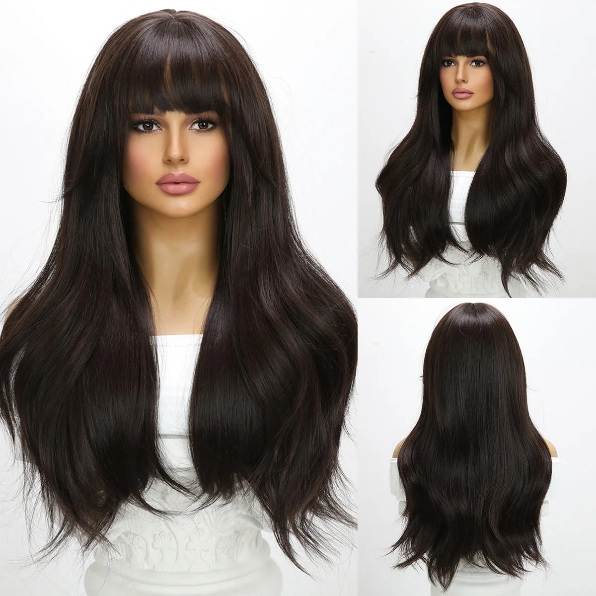 2025 Tea Black Color Synthetic Wigs with Bangs Long Natural Wavy Hair Wig for Women Daily Use Cosplay Party Heat ResistantSM7235