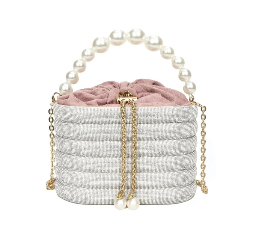 Pearl Handle Evening Clutch Bag with Candy Pattern Daily Use Long Strap for Wedding and Party Events