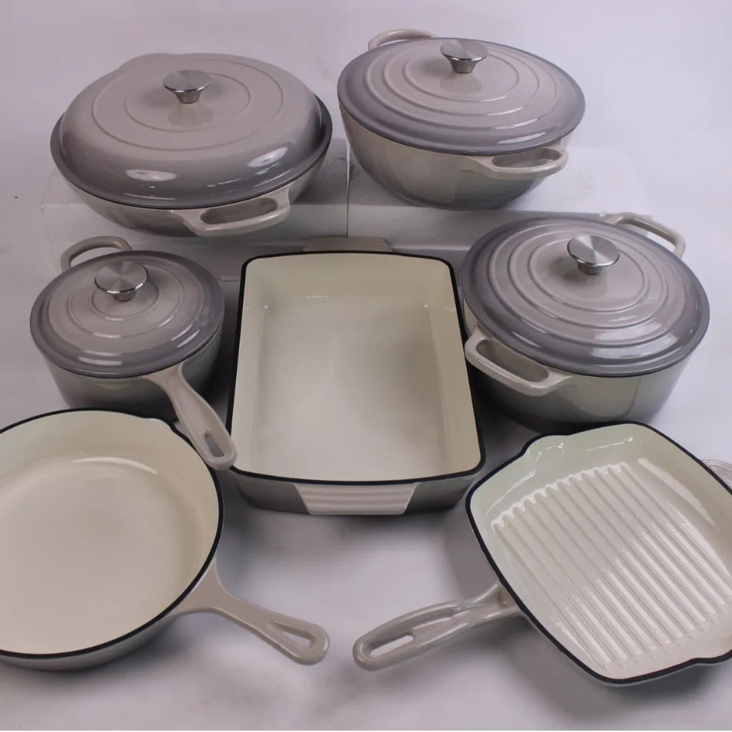 14-Piece Modern Design Cast Iron Enamel Pot Set for Kitchen Use Parties Includes Frying Pan Stew Pot Seafood Pot Food Storage