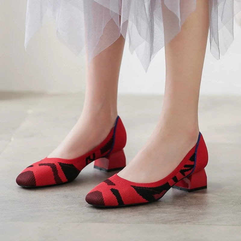 Knitted Fabric Comfortable Office Wear Formal Shoes Slippers Low Block Heels for Women