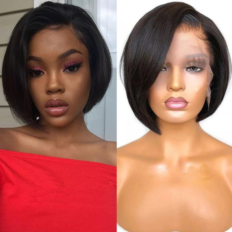 20CM Pixie Cut Blunt Bob Hair Wig Brazilian Short Straight Hair Wigs Pre-plucked Pixie Cut Ali Grace Lace Part Lace Wigs