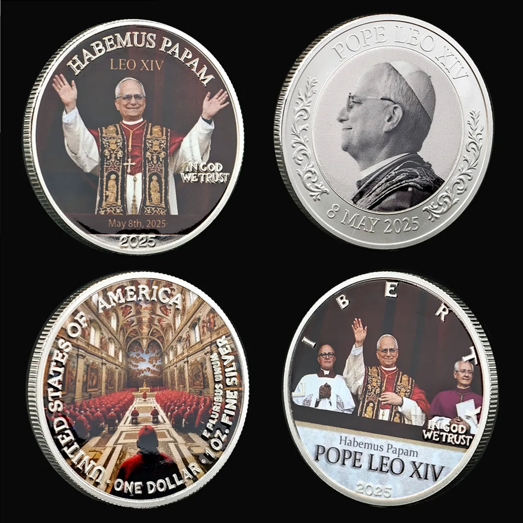 Metal Craft Pope Leo XIV Commemorative Coin HABEMUS PAPAM Silver Hard Enamel Coin  with Cross for Prayer Use