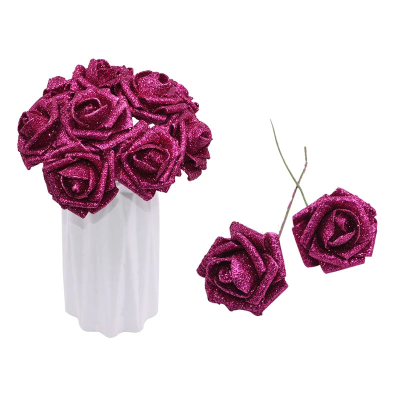 10pcs 6.5cm Glitter Foam Rose Artificial Flower Bridal Bouquet Fake Flower DIY Wreath Craft Christmas Wedding Party Home Decor