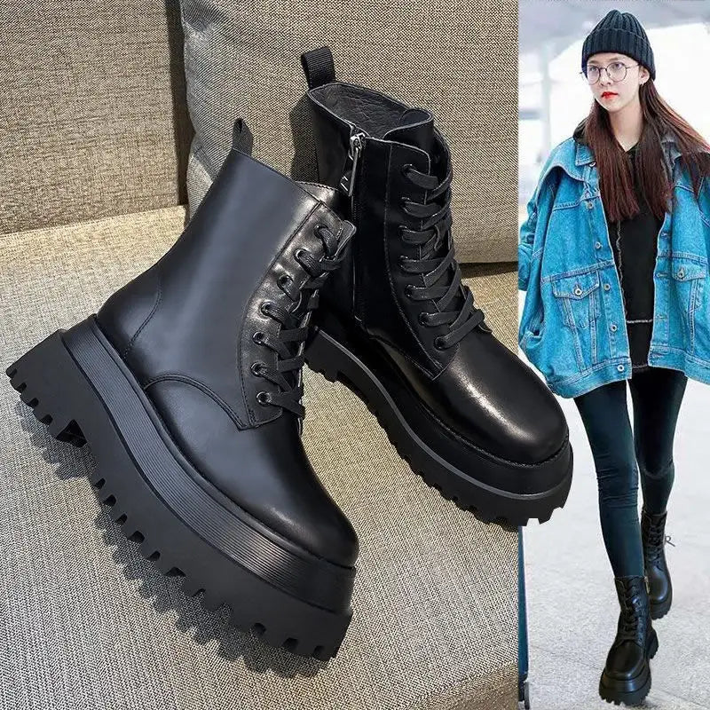 YiXin Fall Winter Boots for Women 2022 Thickened Warm Soft Side Zipper Plain Color Leather Boots Women Shoes