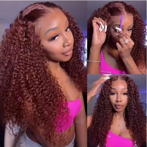 Raw Indian Hair Reddish Brown Kinky Curly HD Lace Frontal Wig Glueless Transparent  Lace Front Human Hair Wigs for Black Women