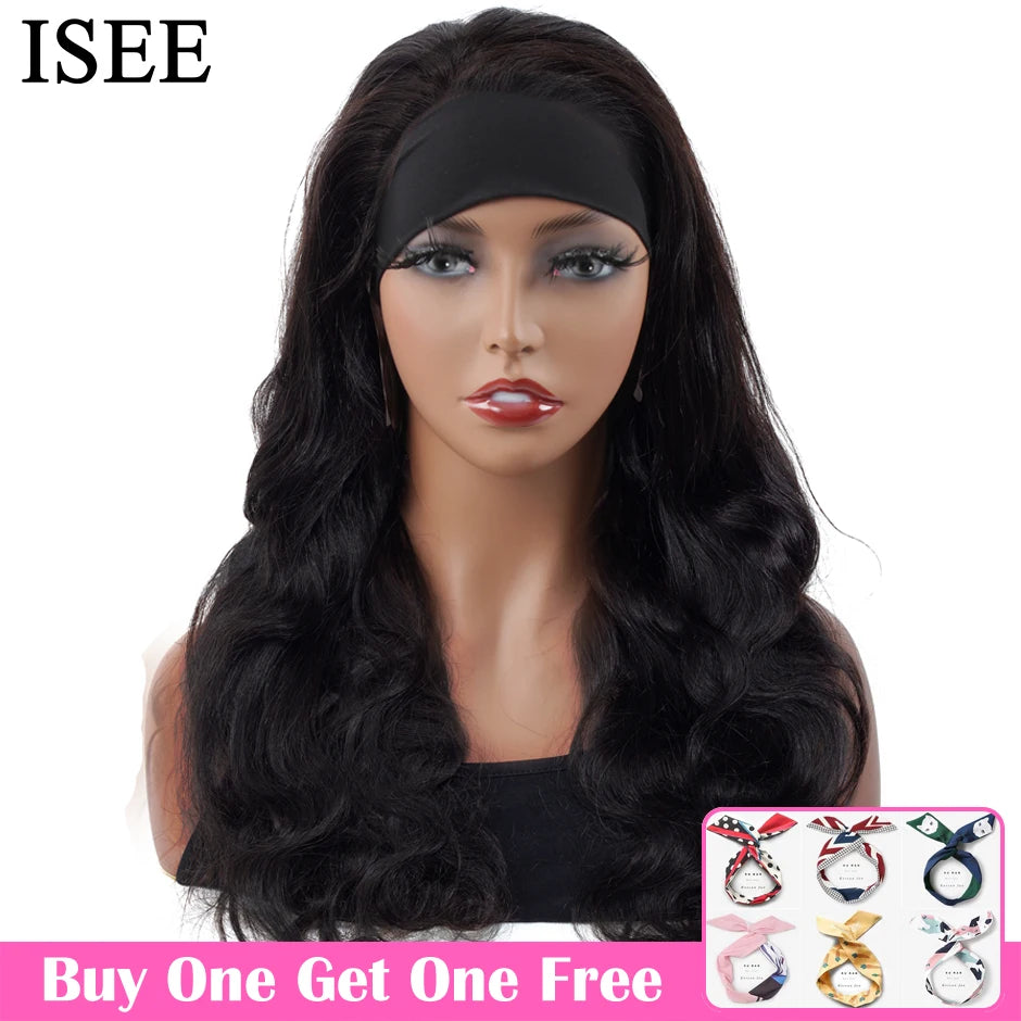 ISEE HAIR Headband Wig Natural Color Body Wave 100% Human Hair Wigs Scarf Wig Peruvian Hair Body Wave Wigs for Women