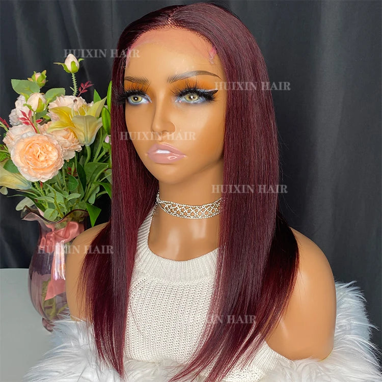 Wholesale Virgin Raw Brazilian Indian 100% Human Hair Wine Red Straight 4x4 HD Lace Closure Wig
