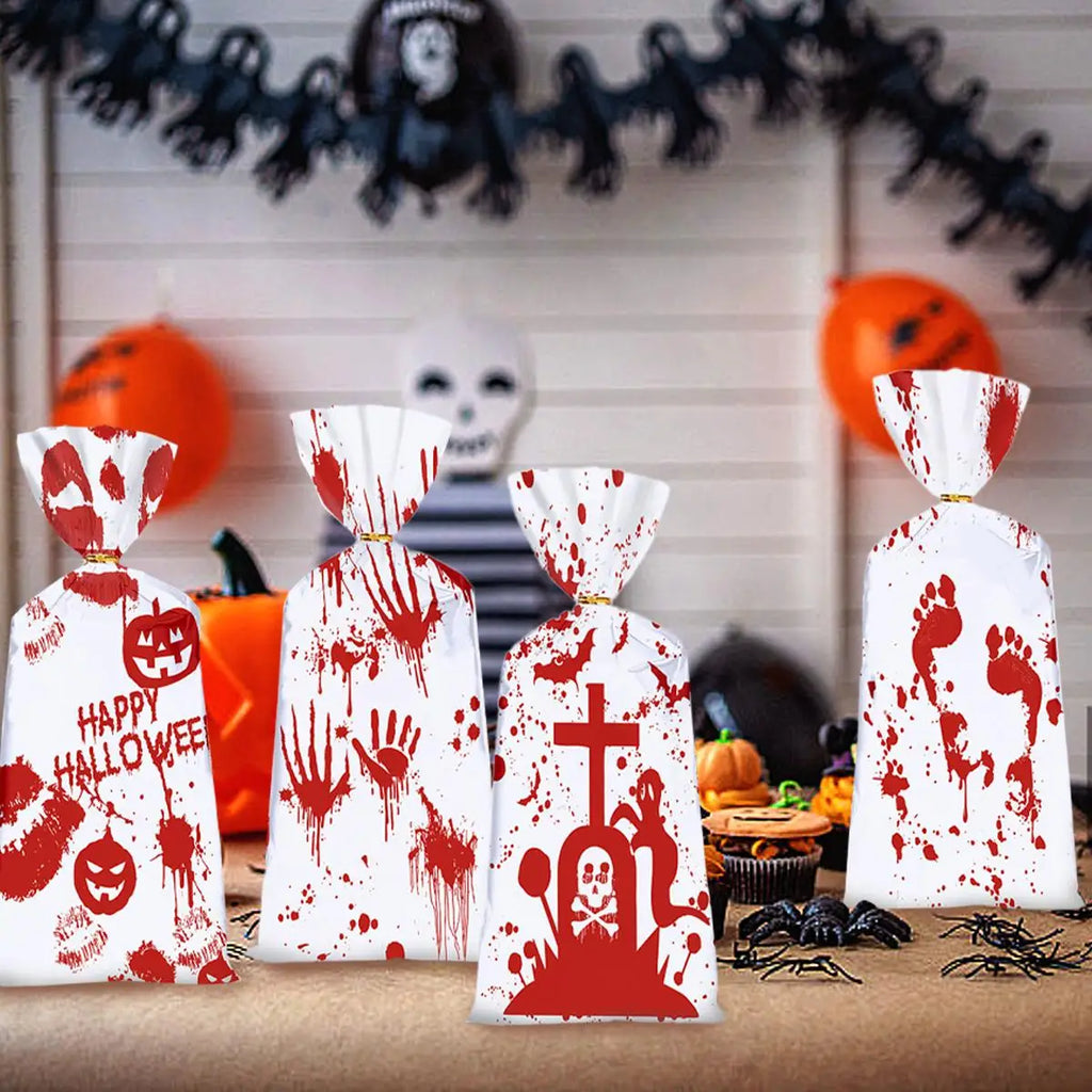 Halloween Bloody Hand Pumpkin Themed Cellophane Candy Goodie Bags with Twists Party Favors for Treats Made in China