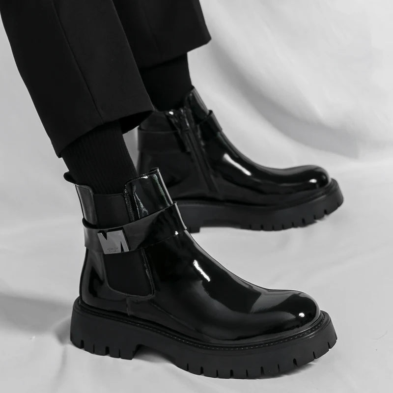 New Patent Leather Platform Men's Ankle Boots Plus Size Round Toe Men chelsea Boots Leather Boots Men