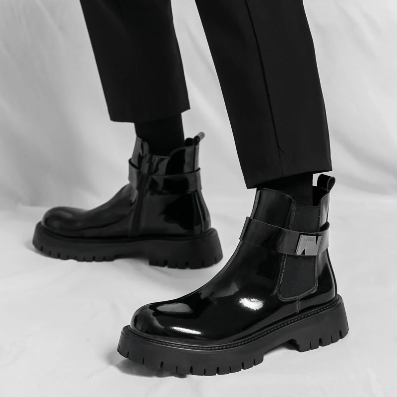 New Patent Leather Platform Men's Ankle Boots Plus Size Round Toe Men chelsea Boots Leather Boots Men