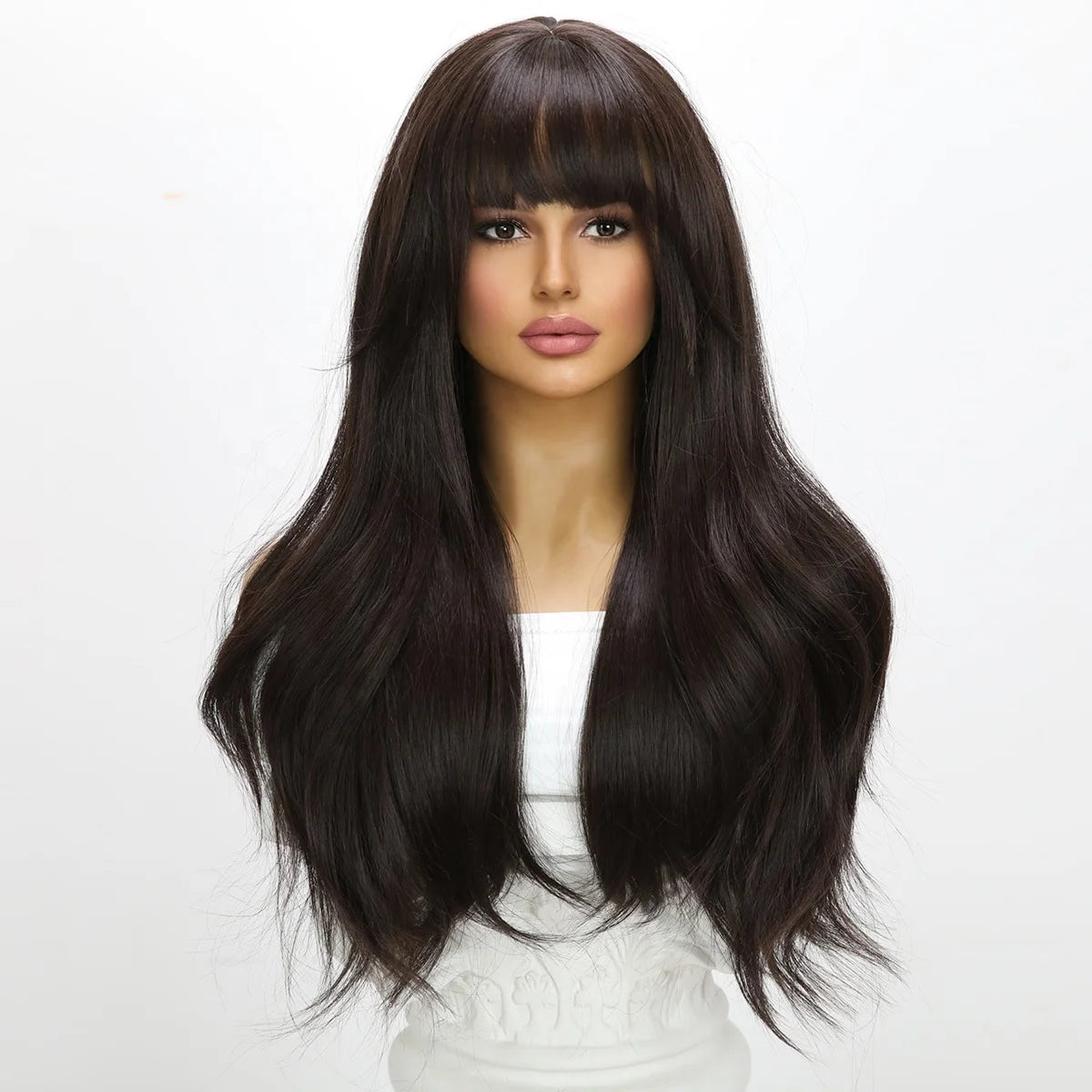 2025 Tea Black Color Synthetic Wigs with Bangs Long Natural Wavy Hair Wig for Women Daily Use Cosplay Party Heat ResistantSM7235