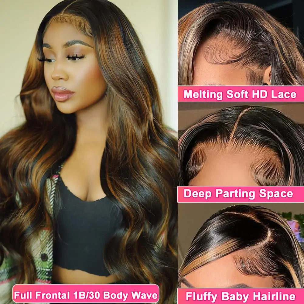 1B30 Body Wave Colored Highlight Ombre Glueless Lace Front Human Hair Wig Pre Plucked 13x6 HD Lace Frontal Wigs Human Hair