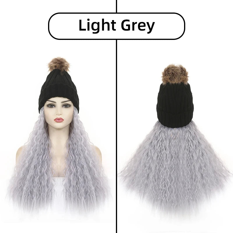 Fashion Warm Winter Beanie Kinky Curly Hair Wig Attached Hat Cap With Hair Natural Brown Long Synthetic Wig for Black Women