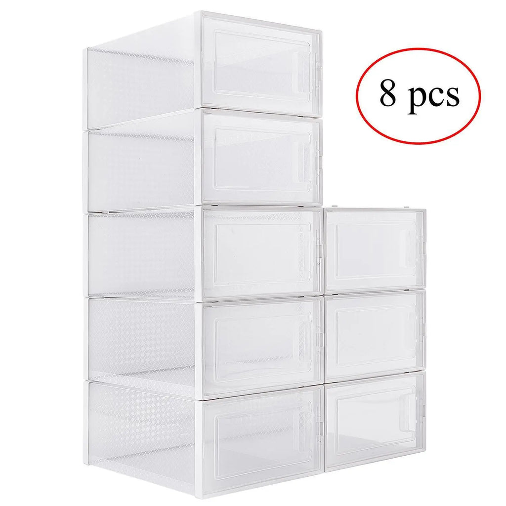 Pack of 8 Transparent and White Shoe Storage Organizers Stackable Plastic Boxes for Closet Sneakers