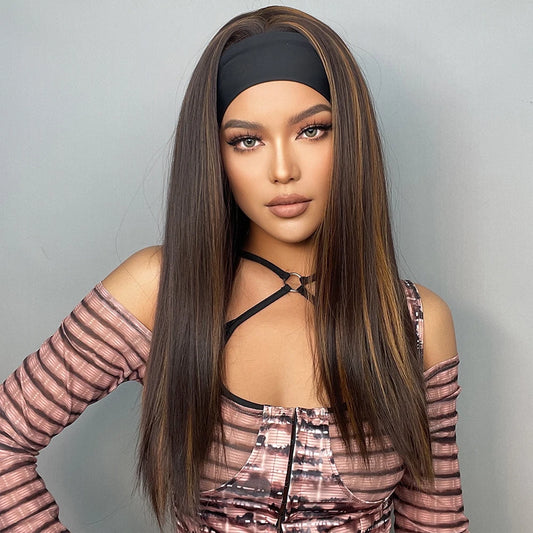 Dark Brown Highlight Headband Synthetic Wigs Long Straight Heat Resistant Headband Hair Wig for Women Daily/Cosplay Wig Headband