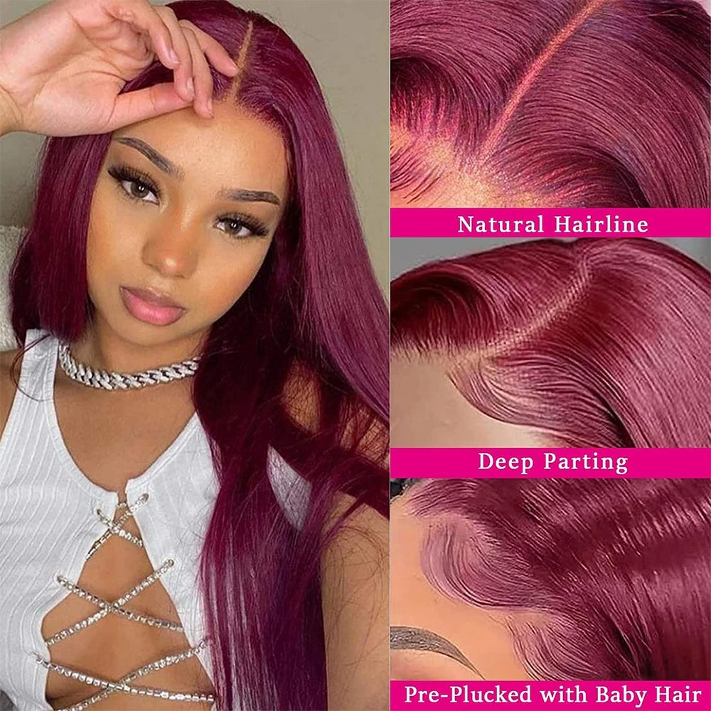 African Brazilian Hair Wig Wine Red Straight Hair Medium Part 13 x 4 Front Lace 12-32 Inches