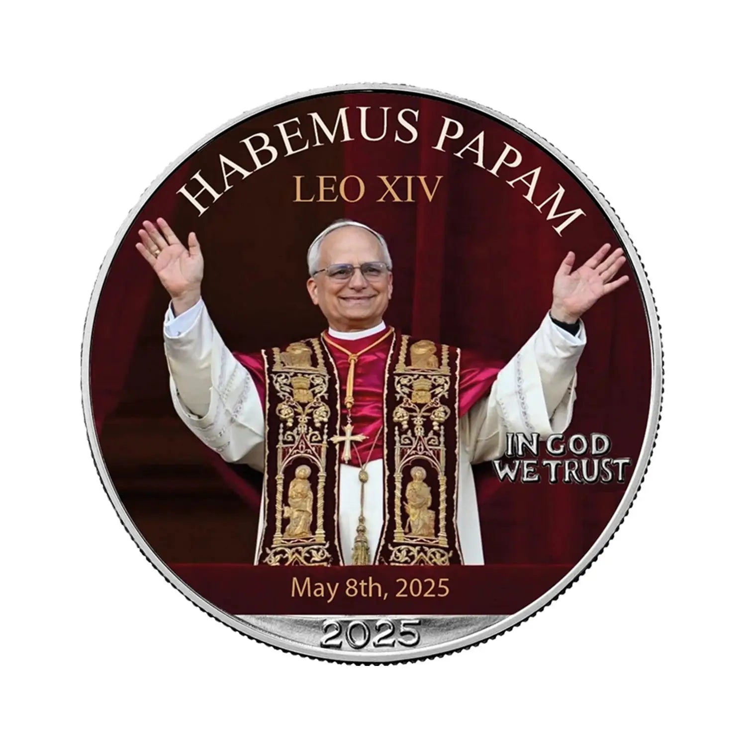 Metal Craft Pope Leo XIV Commemorative Coin HABEMUS PAPAM Silver Hard Enamel Coin  with Cross for Prayer Use