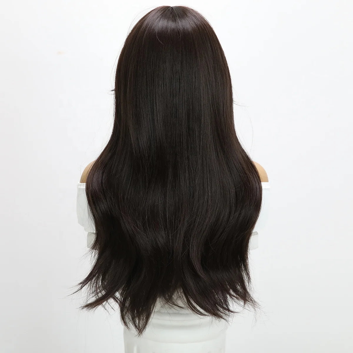 2025 Tea Black Color Synthetic Wigs with Bangs Long Natural Wavy Hair Wig for Women Daily Use Cosplay Party Heat ResistantSM7235