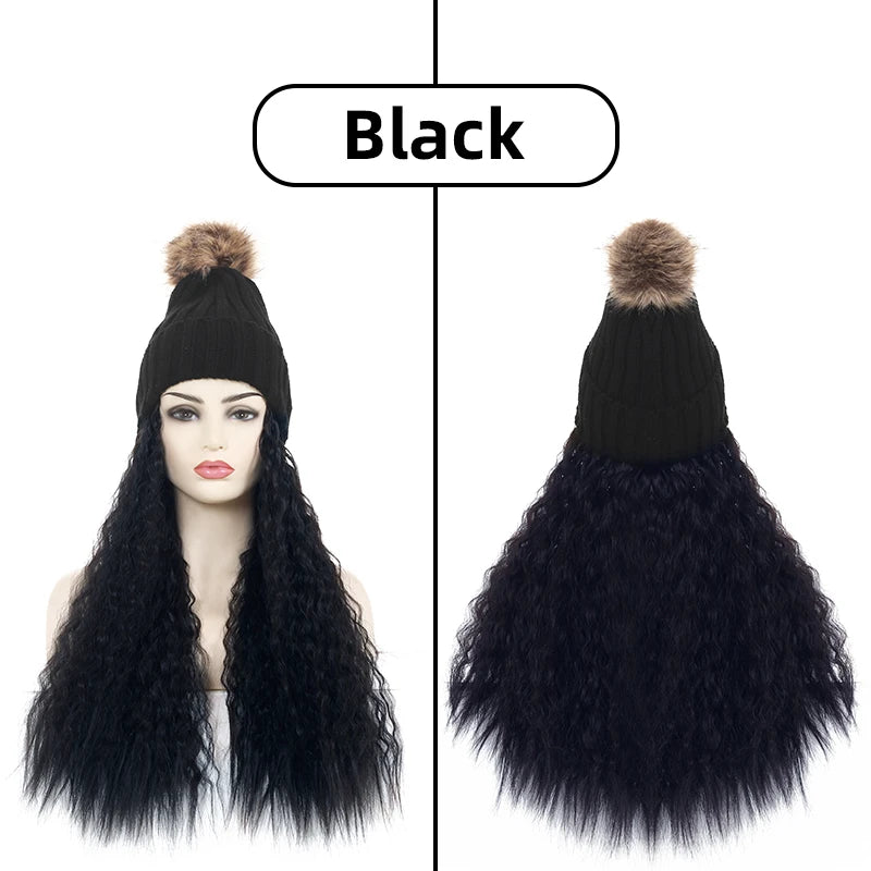 Fashion Warm Winter Beanie Kinky Curly Hair Wig Attached Hat Cap With Hair Natural Brown Long Synthetic Wig for Black Women