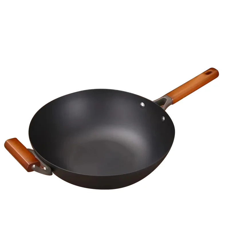 Extra Thick Nitrided Cast Iron Frying Pan Wood Grain Handle Tempered Glass Lid Non-Coated Non-Stick Surface CE Certified