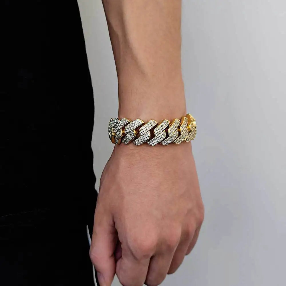 Men's Luxury 18K Gold Plated Cuban Bracelet Hip Hop Bling Style Diamond CZ Iced 20mm Geometric Zircon Main Stone Rhodium Plated