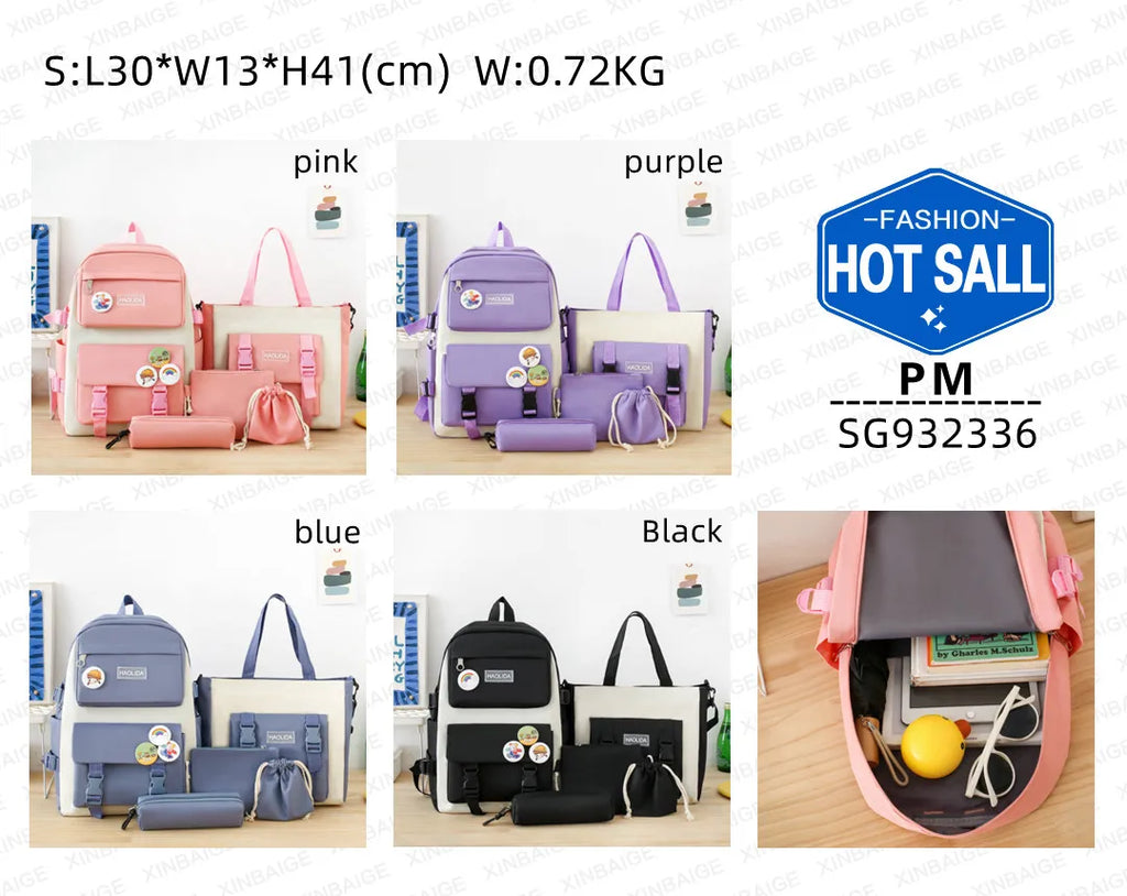 Five-Piece Schoolbag Student Korean Style Backpack Simple Cute Large-Capacity Backpack Wholesale 932