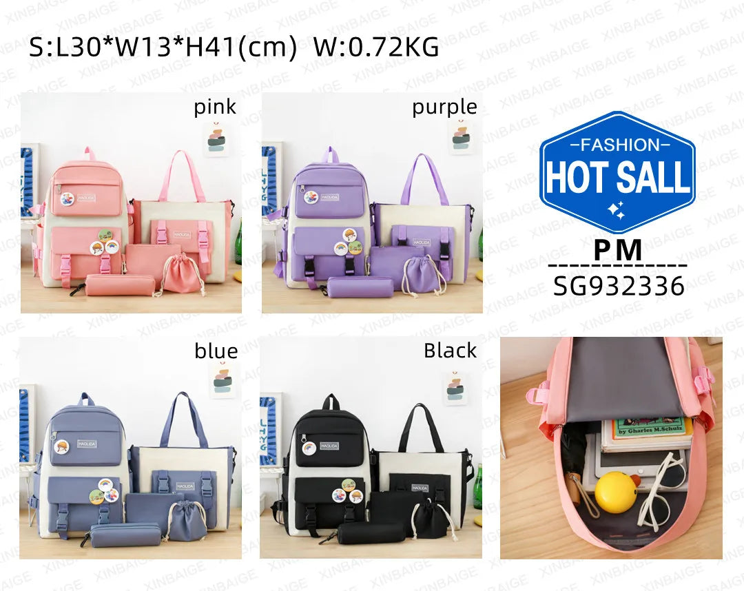 Five-Piece Schoolbag Student Korean Style Backpack Simple Cute Large-Capacity Backpack Wholesale 932