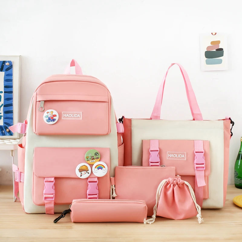 Five-Piece Schoolbag Student Korean Style Backpack Simple Cute Large-Capacity Backpack Wholesale 932