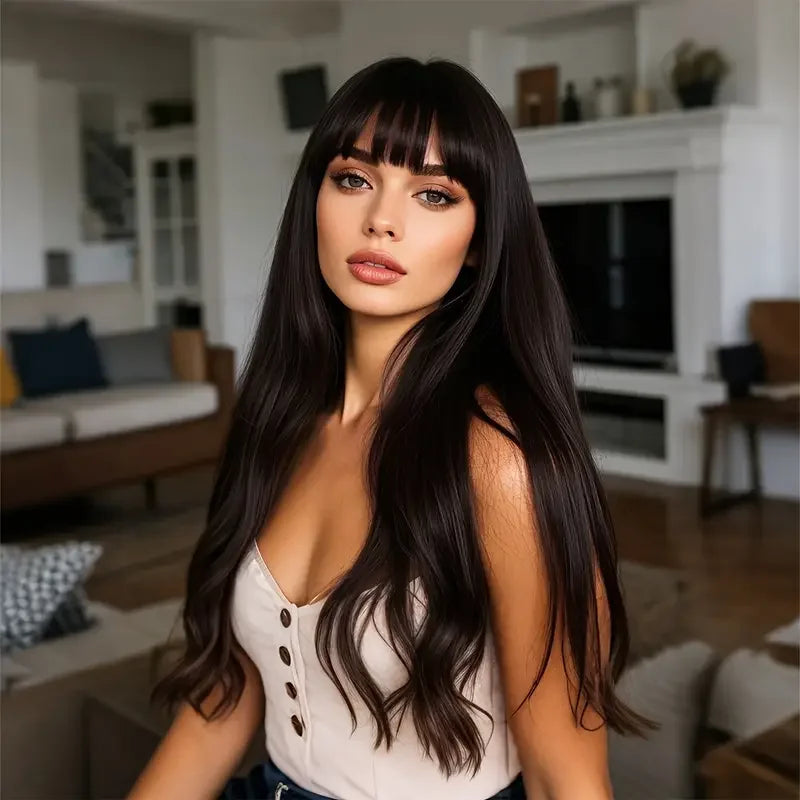 2025 Tea Black Color Synthetic Wigs with Bangs Long Natural Wavy Hair Wig for Women Daily Use Cosplay Party Heat ResistantSM7235