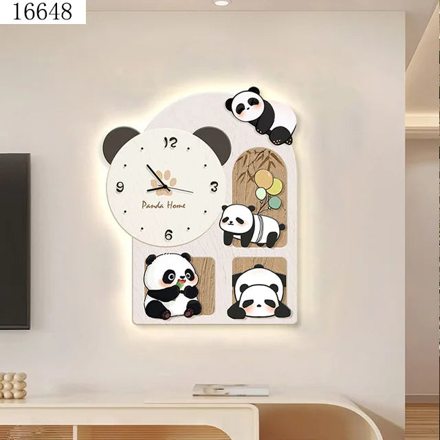 70*80CM Simplicity Panda Crystal Porcelain Modern Glass Wall Painting with Led Wall Clock for Home Decor Living Room