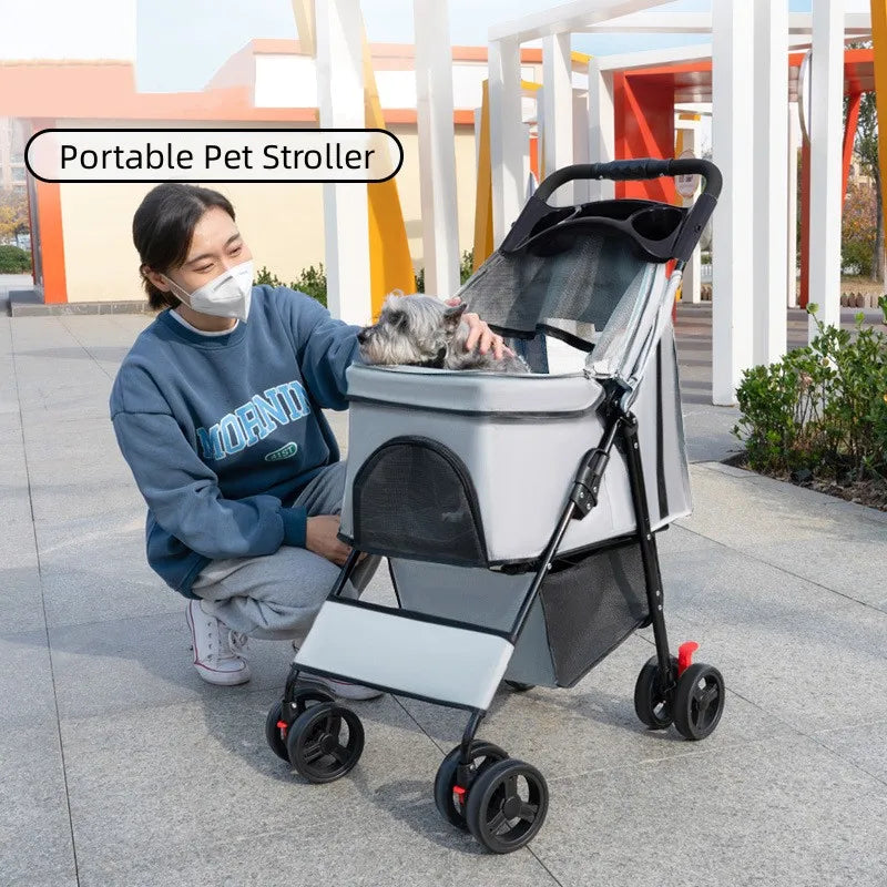 Pet Stroller, 4-Wheel Dog Pram for Small Medium Cats and Dogs with Storage Basket and Cup Holders for Outdoor Travel