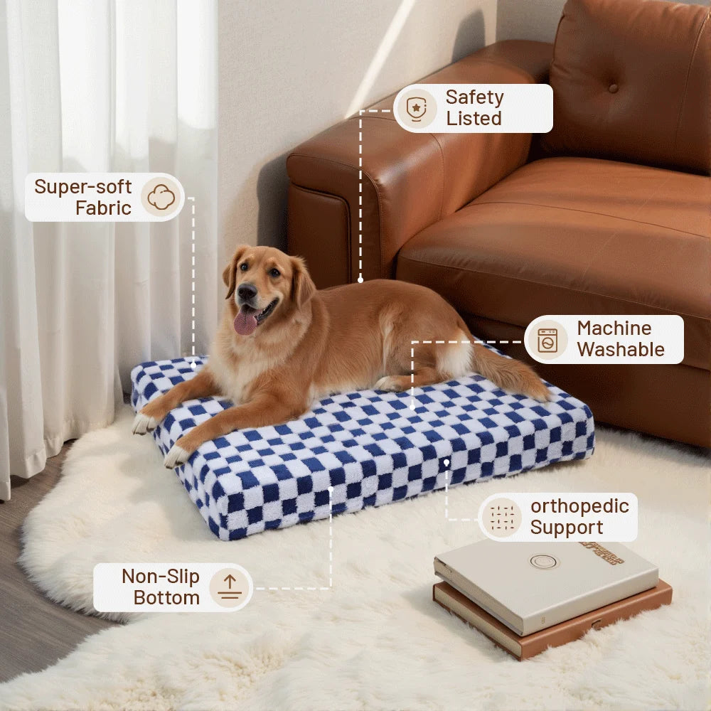 Plush Orthopedic Memory Foam Dog Bed Large Luxury Waterproof Reversible Pet Bed with Washable Cover & Non-Slip Bottom