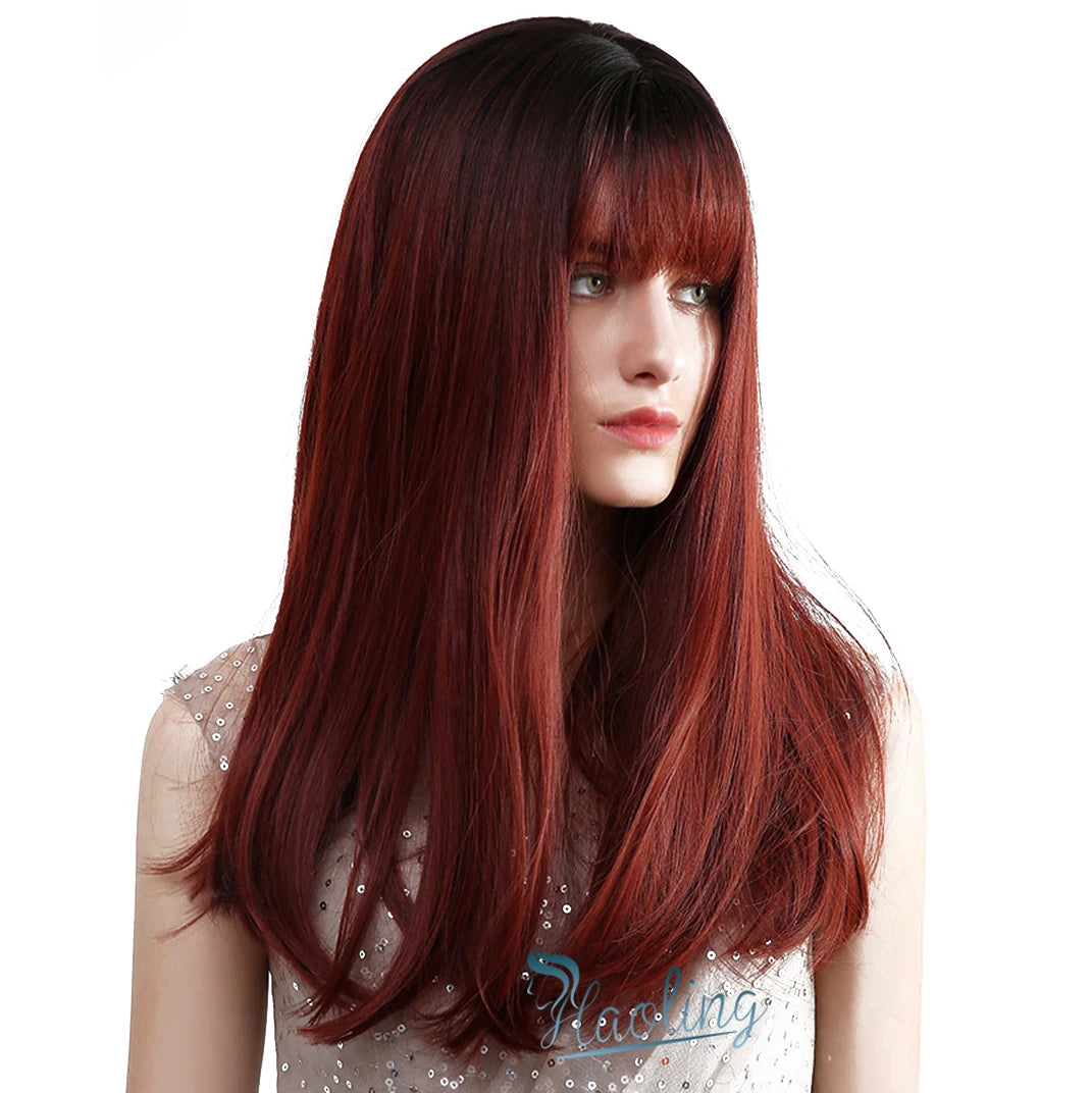 Fast Delivery  Long Silky Straight Wigs with Bangs Dark Black Brown Synthetic Wigs Bone Straight Fiber Hair Wig