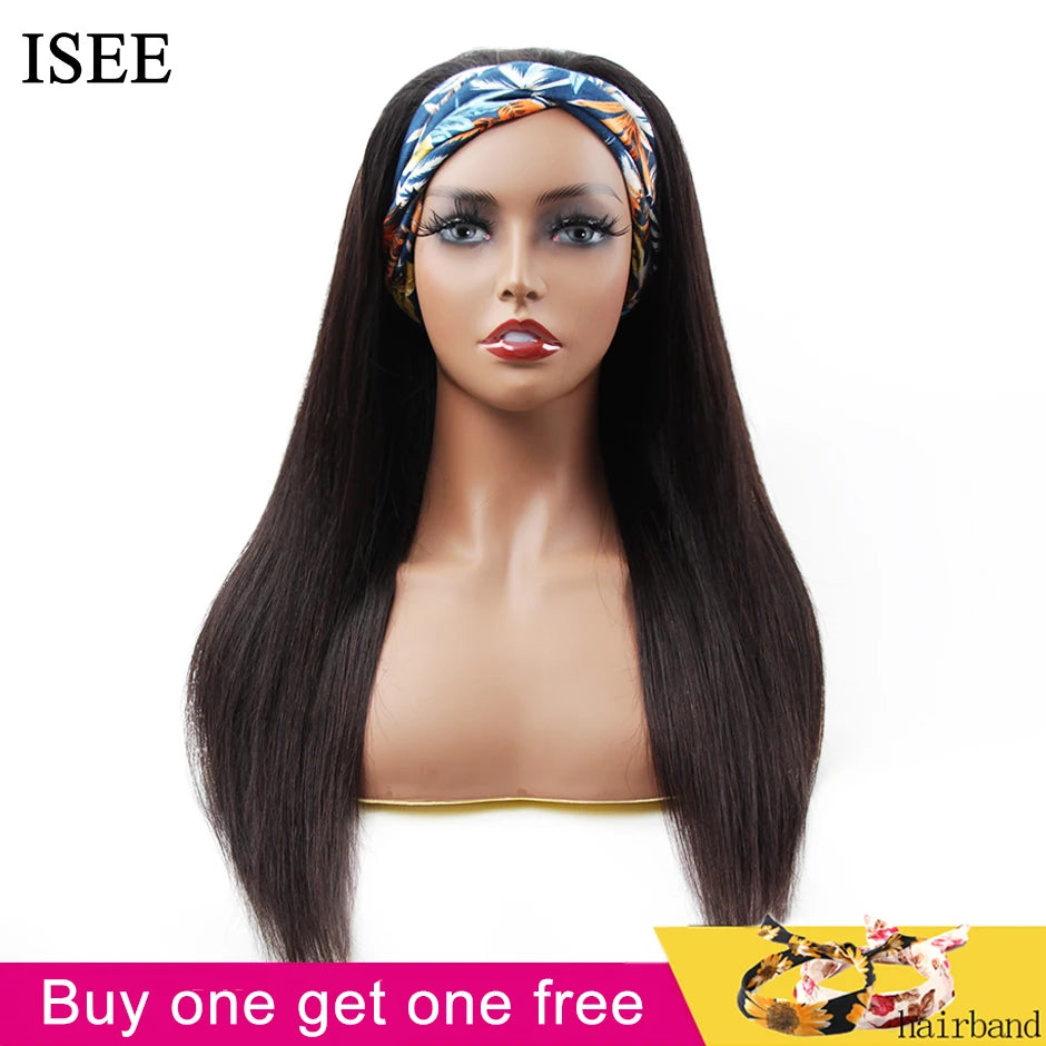ISEEHAIR Straight Headband Wig Human Hair Wigs 180% Density Peruvian Straight Hair Wig Full Machine Made Wig For Black Women