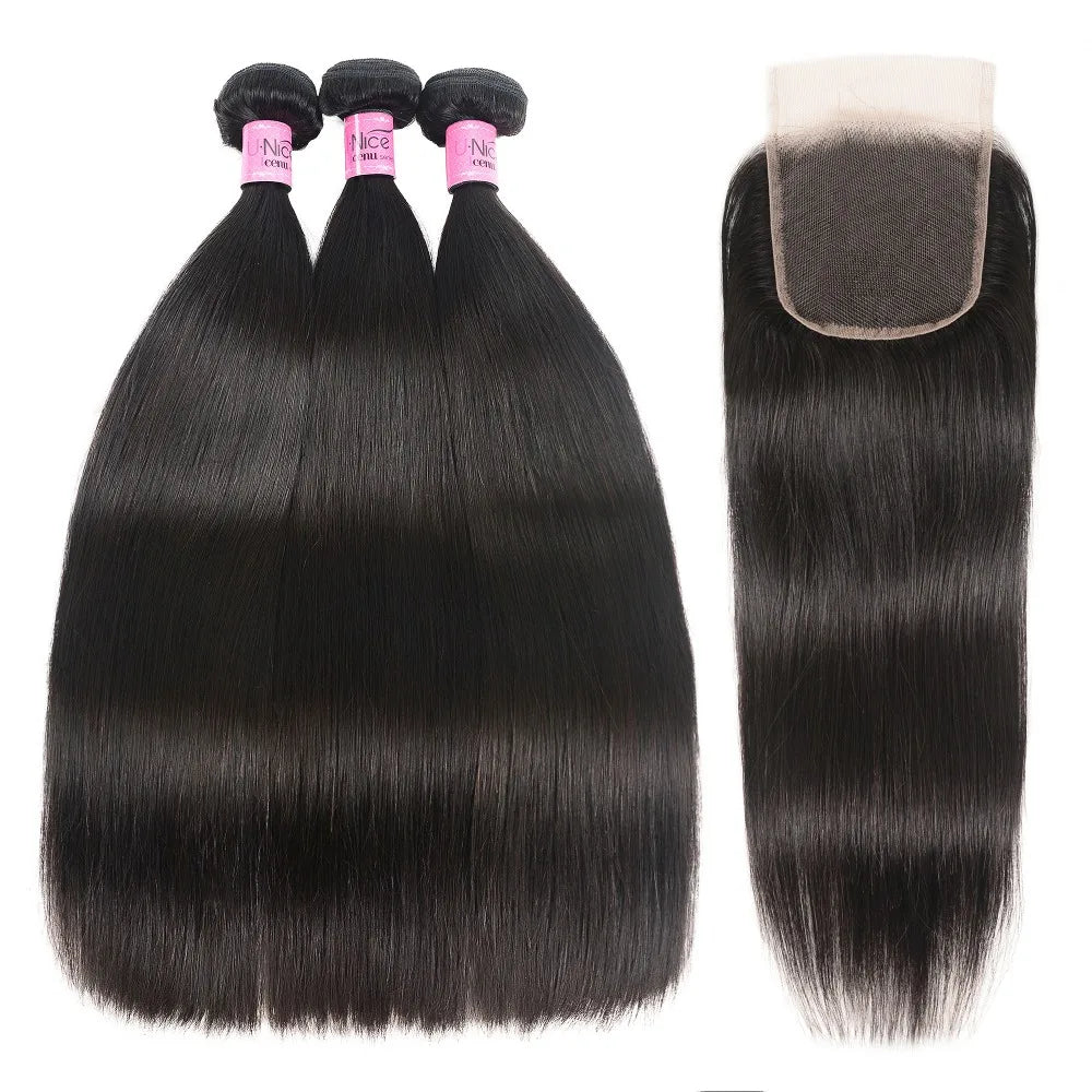 UNice Hair 5X5 HD Lace Closure 28 30 Inch With Peruvian Straight Hair 3 Bundles 4PCS 4x4 Swiss Lace Human Hair Weave Remy Hair