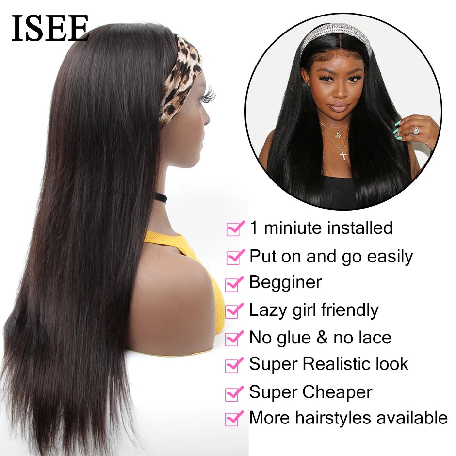 Straight Headband Wig Human Hair Wigs 180% Density Brazilian Straight Hair Wig ISEEHAIR Full Machine Made Wig For Black Women