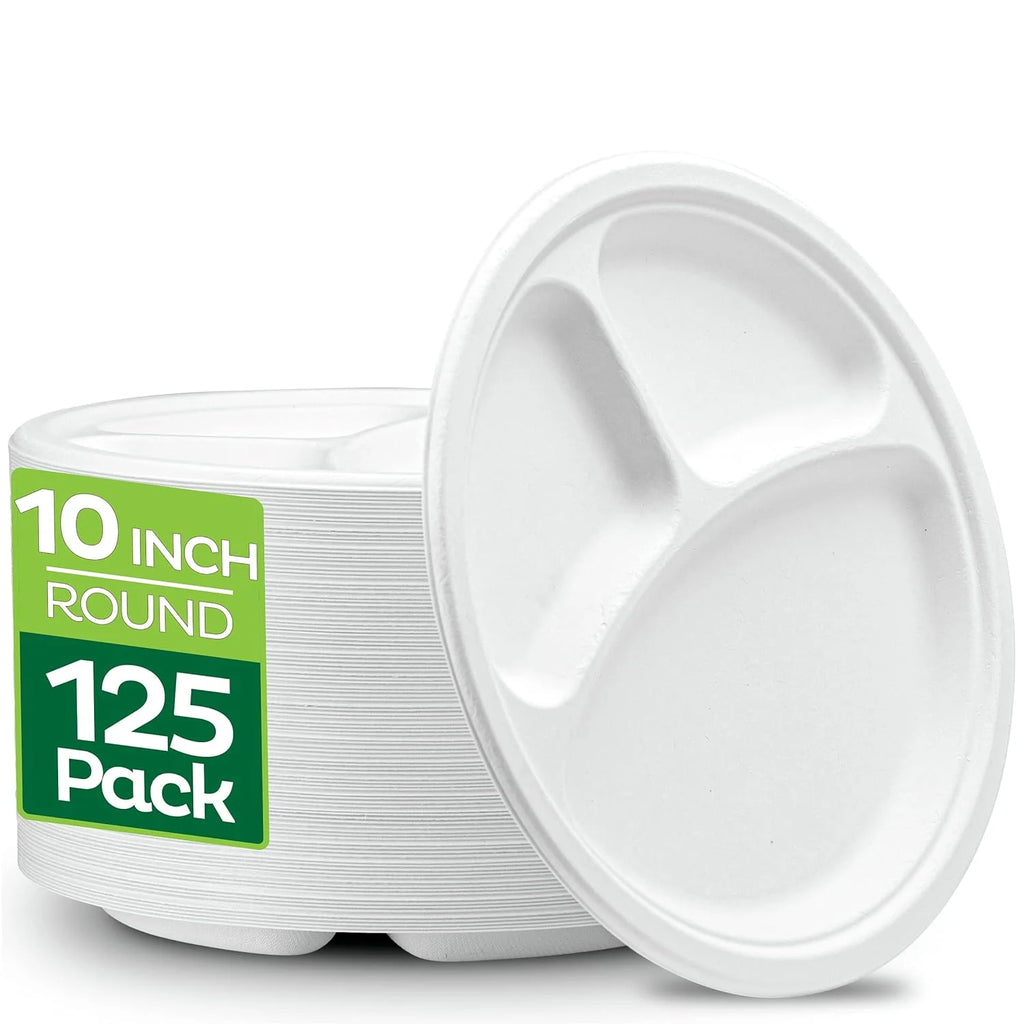 PFAS-Free 125-Pack 10 Inch 3C Heavy Duty Disposable Sugarcane Bagasse Paper Pulp Plate 100% Compostable Color Enamel Technique