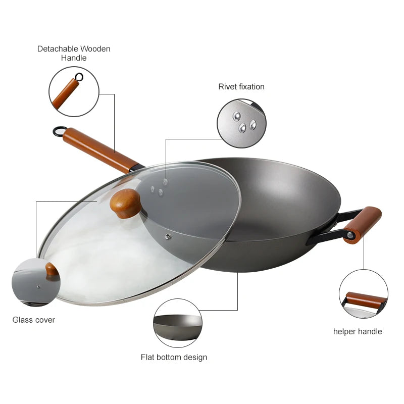 Lightweight 32cm Cast Iron Wok Chinese Wok Glass Lid for Kitchen Cooking Cookware Gas Induction Stove Pattern With Wooden Handle