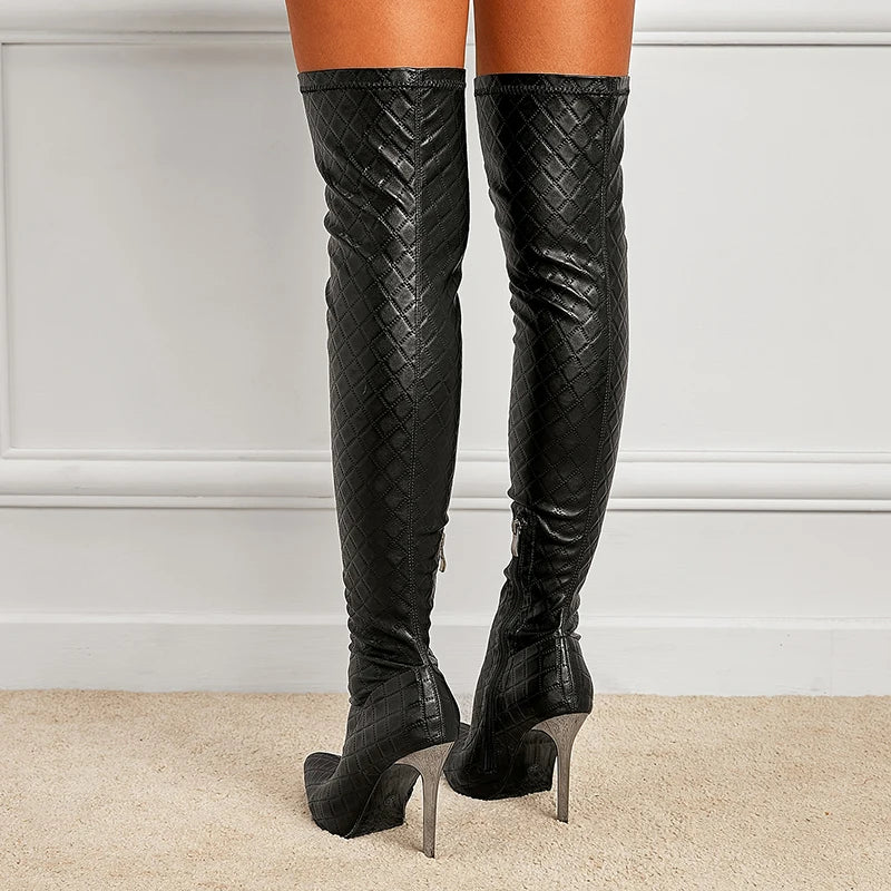 Plaid Femme Stivali Donna Chaussures Talon Bottes Fashion Ladies Spike Heels Black Women's Knee High Boots