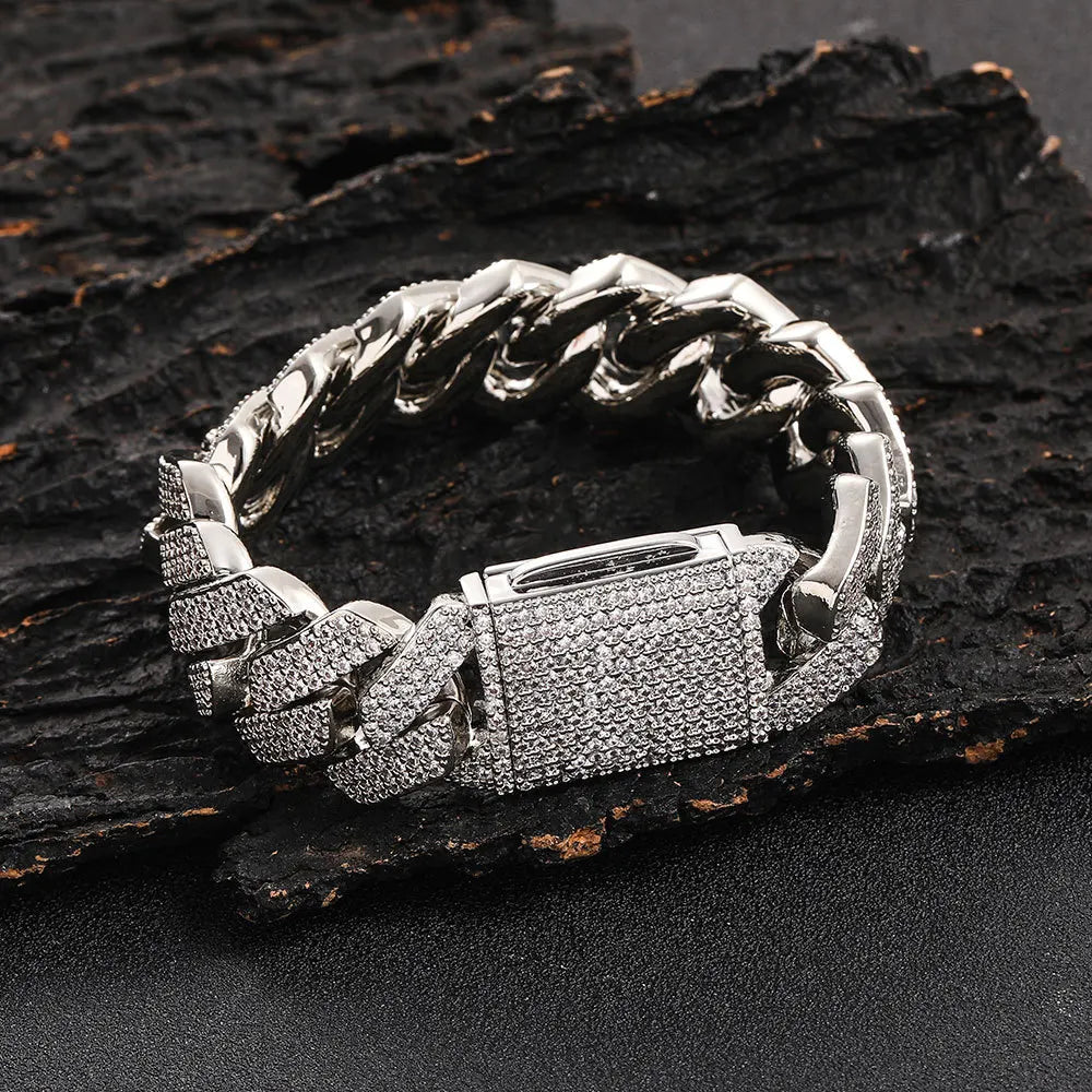 Men's Luxury 18K Gold Plated Cuban Bracelet Hip Hop Bling Style Diamond CZ Iced 20mm Geometric Zircon Main Stone Rhodium Plated