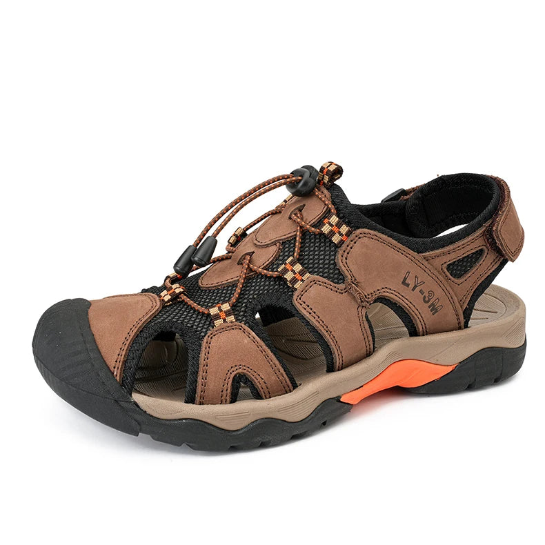 OEM Service Factory Supply Hand Made Anti Slip Comfortable Large Size Close Toe Summer Cow Genuine Leather Sandals for Men