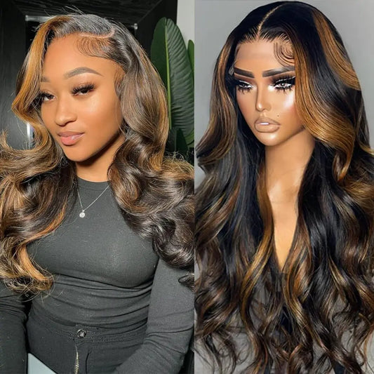 1B30 Body Wave Colored Highlight Ombre Glueless Lace Front Human Hair Wig Pre Plucked 13x6 HD Lace Frontal Wigs Human Hair