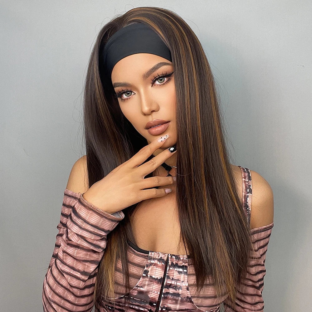 Dark Brown Highlight Headband Synthetic Wigs Long Straight Heat Resistant Headband Hair Wig for Women Daily/Cosplay Wig Headband