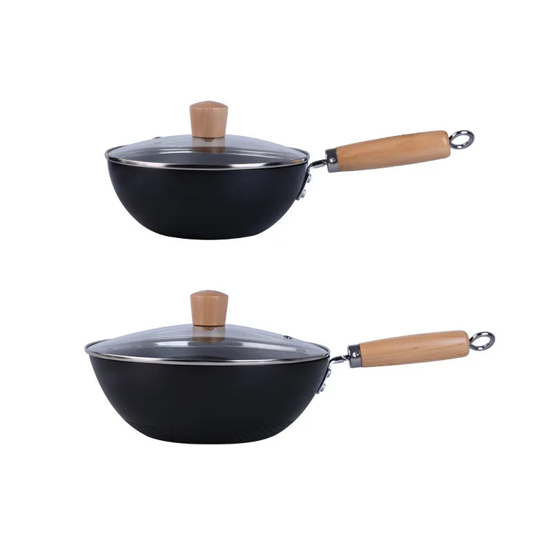 Extra Thick Nitrided Cast Iron Frying Pan Wood Grain Handle Tempered Glass Lid Non-Coated Non-Stick Surface CE Certified